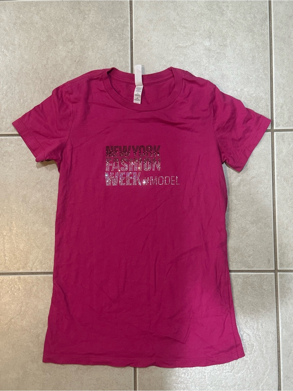 Magenta Graphic Tee with Rhinestone 'New York Fashion Week' Text